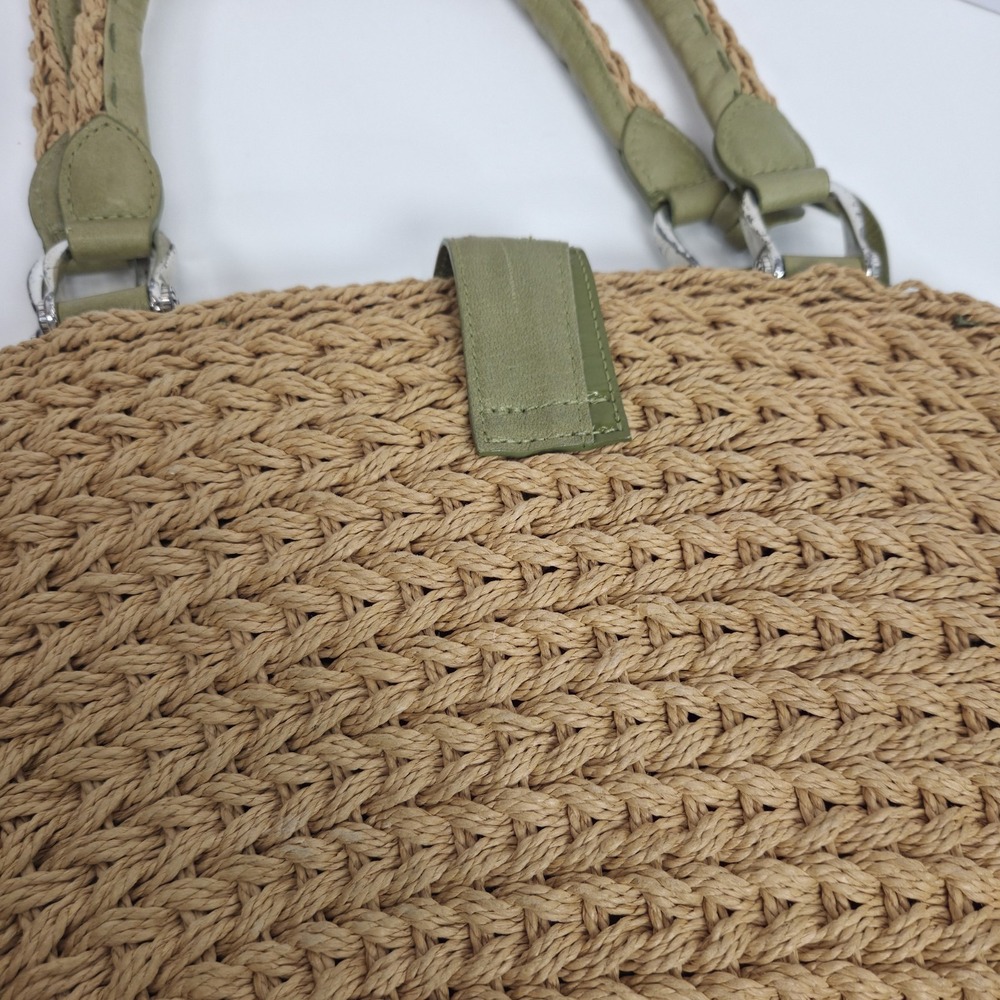 Brighton Shoulder Bag Tan Wicker Pink Leather Flower Accent Top Carry Handles - Picture 11 of 16